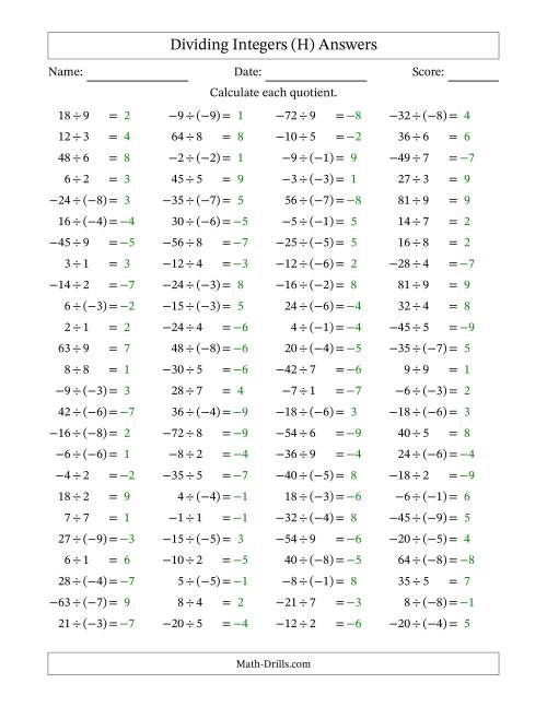 The Dividing Mixed Integers from -9 to 9 (100 Questions) (H) Math Worksheet Page 2