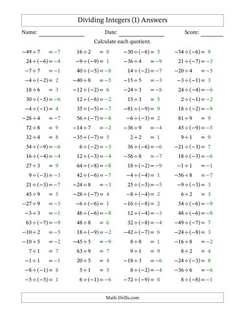 The Dividing Mixed Integers from -9 to 9 (100 Questions) (I) Math Worksheet Page 2