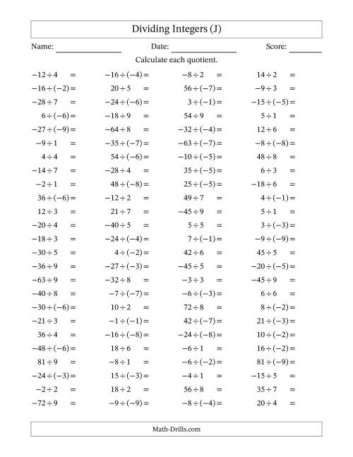 The Dividing Mixed Integers from -9 to 9 (100 Questions) (J) Math Worksheet