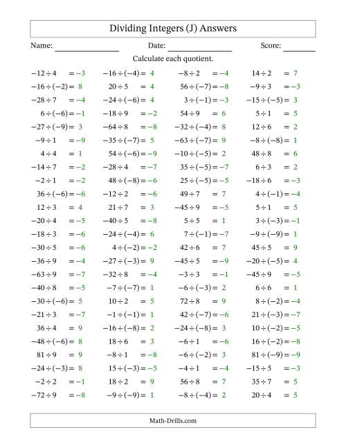 The Dividing Mixed Integers from -9 to 9 (100 Questions) (J) Math Worksheet Page 2