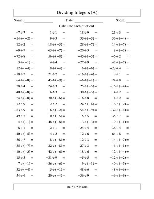 The Dividing Mixed Integers from -9 to 9 (100 Questions) (All) Math Worksheet