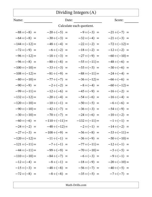 The Dividing Negative by Negative Integers from -12 to 12 (100 Questions) (A) Math Worksheet