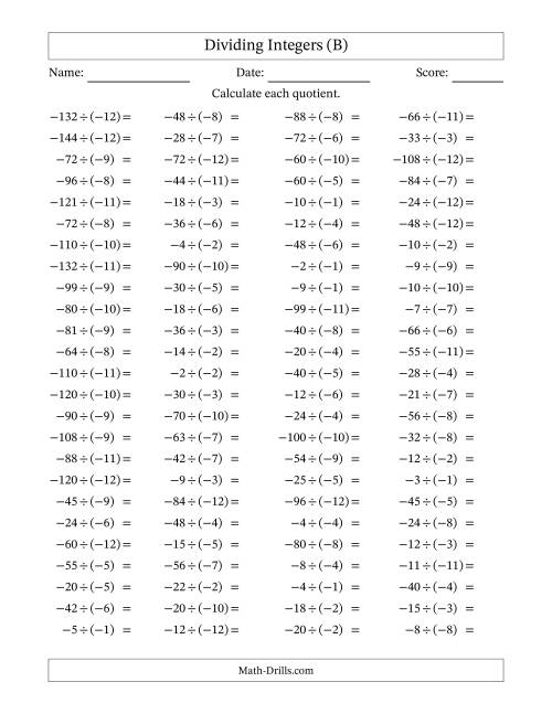 The Dividing Negative by Negative Integers from -12 to 12 (100 Questions) (B) Math Worksheet
