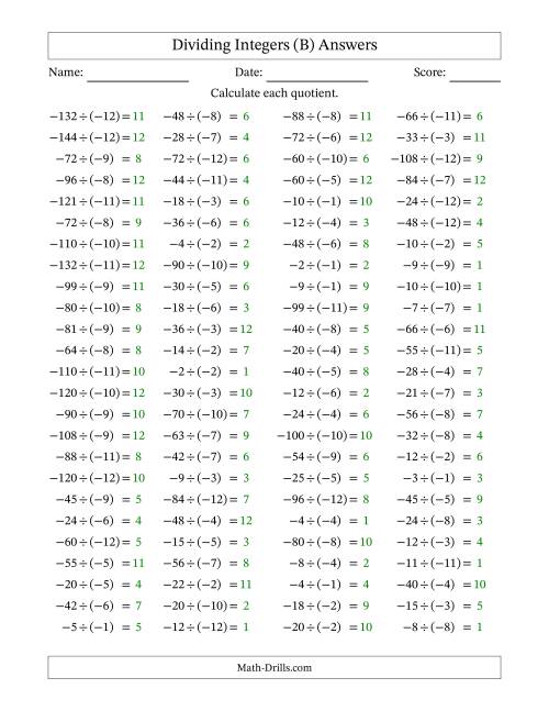The Dividing Negative by Negative Integers from -12 to 12 (100 Questions) (B) Math Worksheet Page 2
