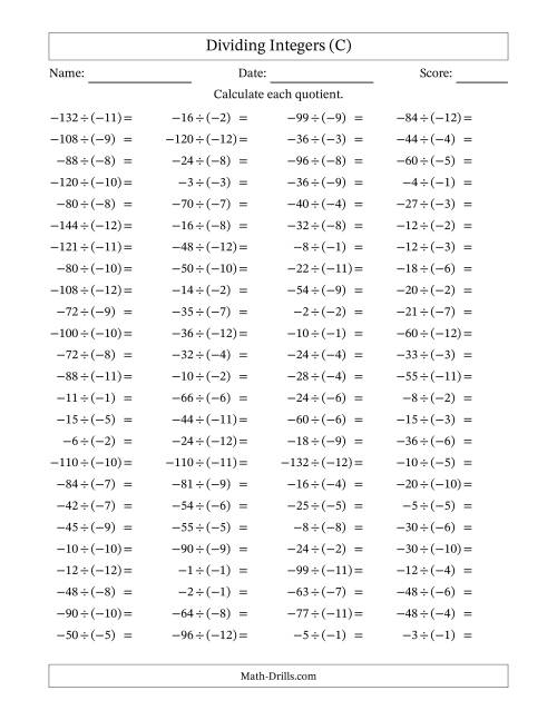 The Dividing Negative by Negative Integers from -12 to 12 (100 Questions) (C) Math Worksheet