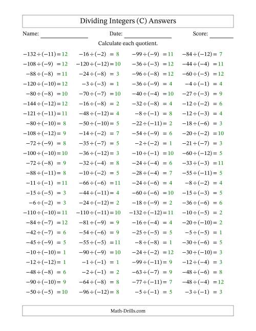 The Dividing Negative by Negative Integers from -12 to 12 (100 Questions) (C) Math Worksheet Page 2