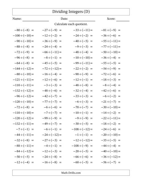 The Dividing Negative by Negative Integers from -12 to 12 (100 Questions) (D) Math Worksheet