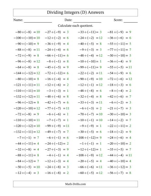 The Dividing Negative by Negative Integers from -12 to 12 (100 Questions) (D) Math Worksheet Page 2