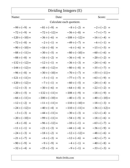 The Dividing Negative by Negative Integers from -12 to 12 (100 Questions) (E) Math Worksheet