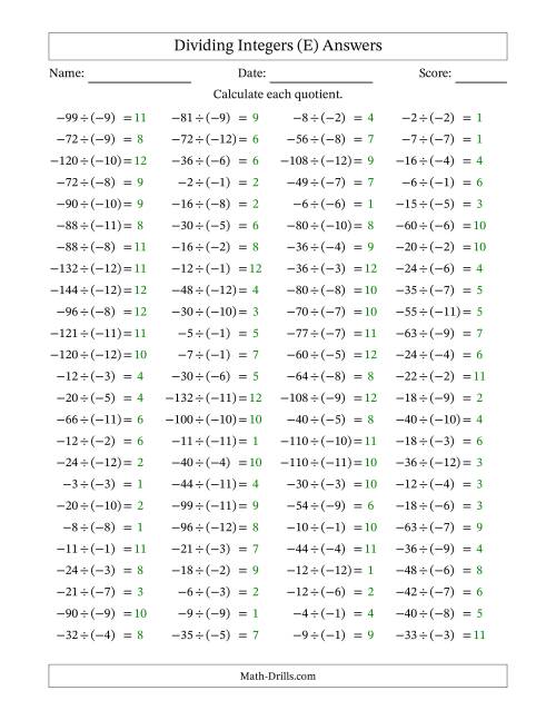 The Dividing Negative by Negative Integers from -12 to 12 (100 Questions) (E) Math Worksheet Page 2
