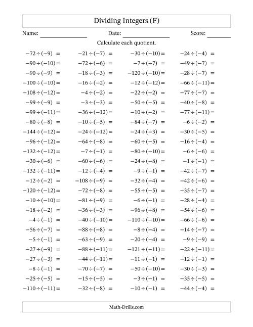 The Dividing Negative by Negative Integers from -12 to 12 (100 Questions) (F) Math Worksheet