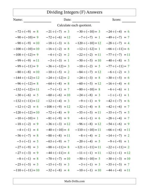 The Dividing Negative by Negative Integers from -12 to 12 (100 Questions) (F) Math Worksheet Page 2