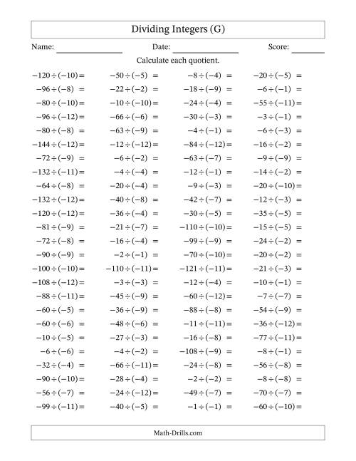 The Dividing Negative by Negative Integers from -12 to 12 (100 Questions) (G) Math Worksheet