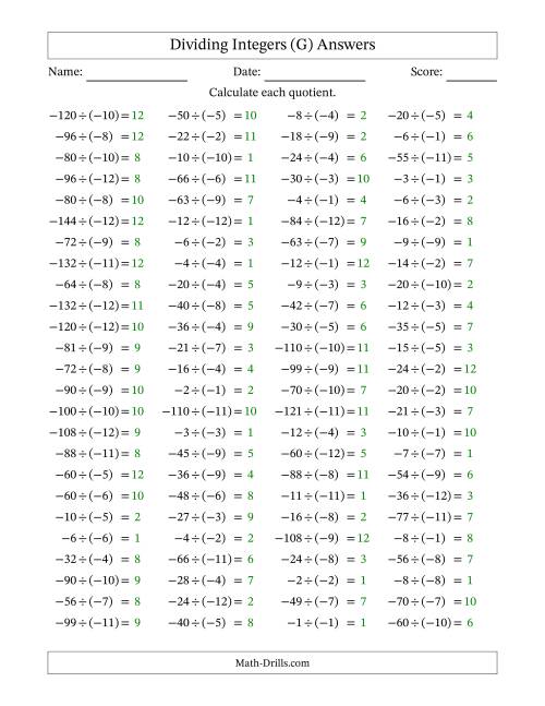 The Dividing Negative by Negative Integers from -12 to 12 (100 Questions) (G) Math Worksheet Page 2