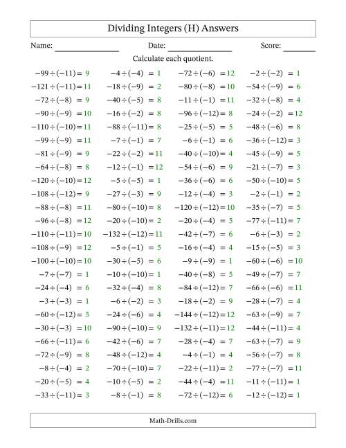 The Dividing Negative by Negative Integers from -12 to 12 (100 Questions) (H) Math Worksheet Page 2