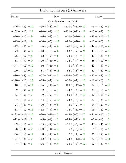 The Dividing Negative by Negative Integers from -12 to 12 (100 Questions) (I) Math Worksheet Page 2