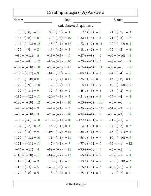 The Dividing Negative by Negative Integers from -12 to 12 (100 Questions) (All) Math Worksheet Page 2