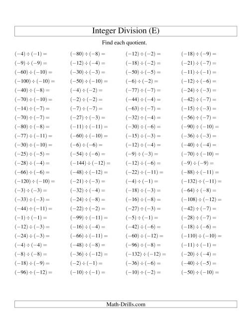The Dividing Integers -- Negative Divided by a Negative (E) Math Worksheet
