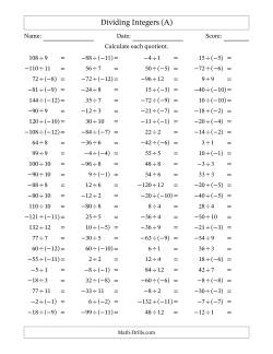 Dividing Mixed Integers from -12 to 12 (100 Questions)