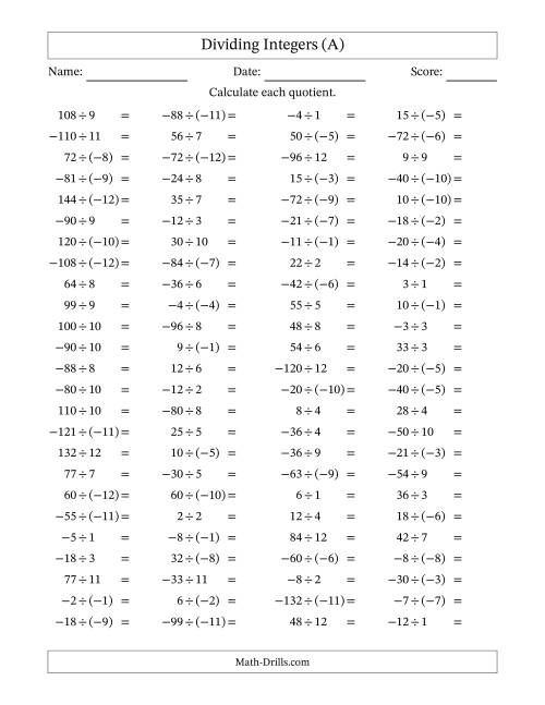 The Dividing Mixed Integers from -12 to 12 (100 Questions) (A) Math Worksheet