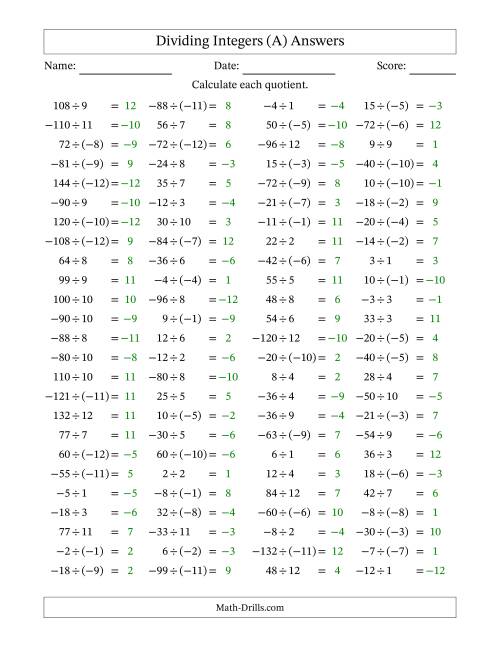 The Dividing Integers -- Mixed Signs (Range -12 to 12) (A) Math Worksheet Page 2
