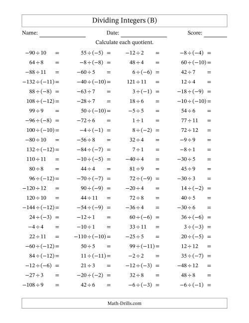 The Dividing Integers -- Mixed Signs (Range -12 to 12) (B) Math Worksheet