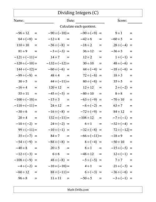 The Dividing Integers -- Mixed Signs (Range -12 to 12) (C) Math Worksheet