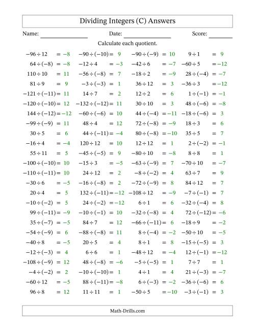 The Dividing Mixed Integers from -12 to 12 (100 Questions) (C) Math Worksheet Page 2