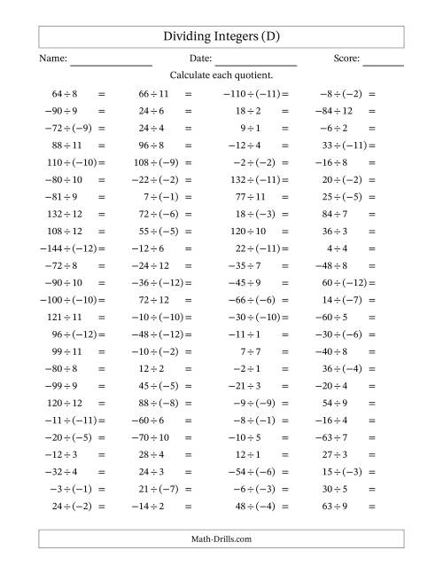 The Dividing Integers -- Mixed Signs (Range -12 to 12) (D) Math Worksheet