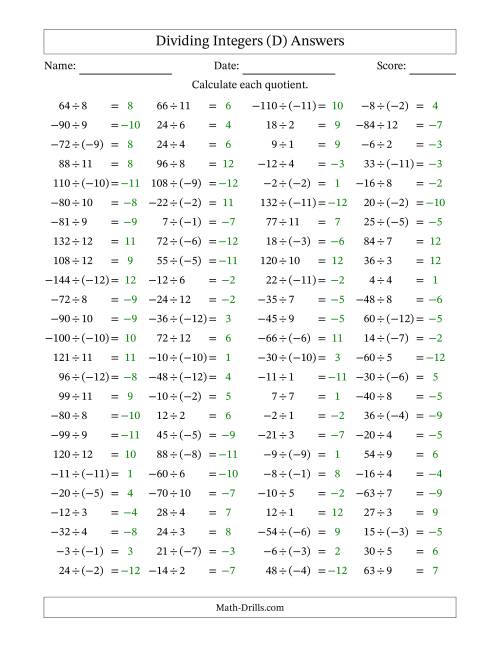 The Dividing Integers -- Mixed Signs (Range -12 to 12) (D) Math Worksheet Page 2
