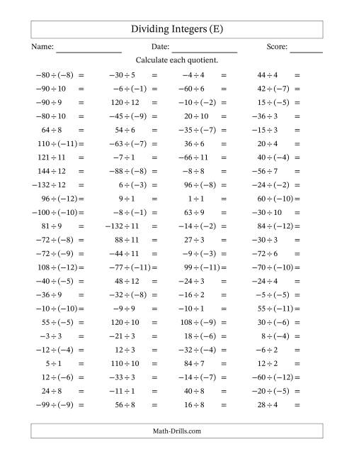 The Dividing Mixed Integers from -12 to 12 (100 Questions) (E) Math Worksheet