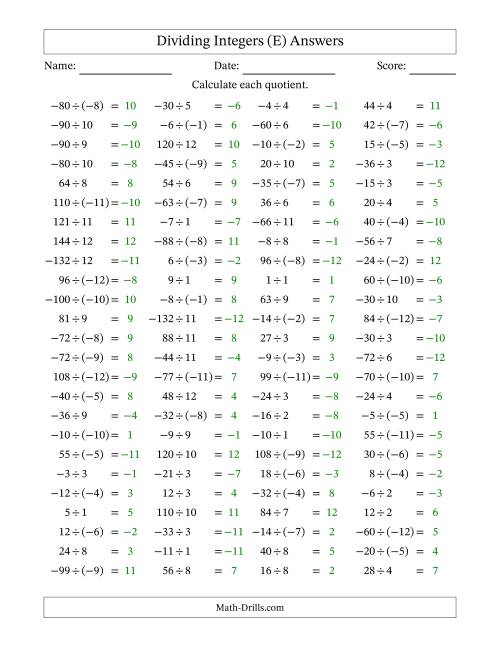 The Dividing Mixed Integers from -12 to 12 (100 Questions) (E) Math Worksheet Page 2