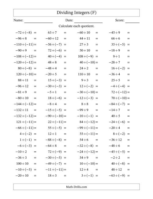 The Dividing Integers -- Mixed Signs (Range -12 to 12) (F) Math Worksheet