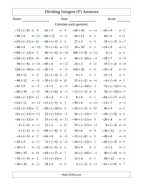 The Dividing Integers -- Mixed Signs (Range -12 to 12) (F) Math Worksheet Page 2