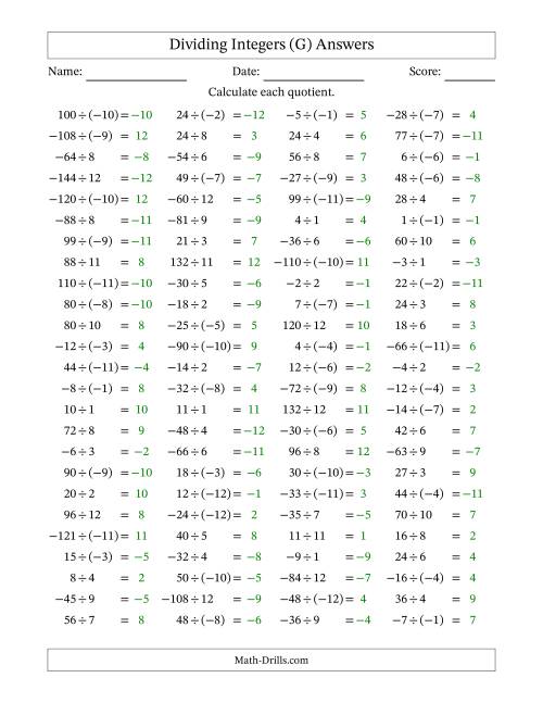 The Dividing Integers -- Mixed Signs (Range -12 to 12) (G) Math Worksheet Page 2