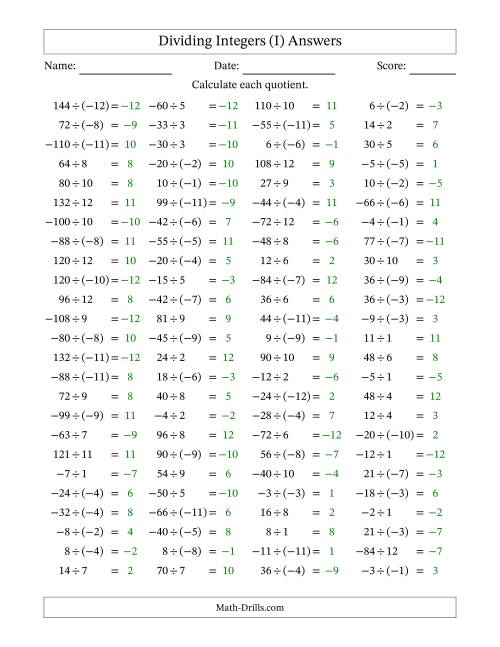 The Dividing Integers -- Mixed Signs (Range -12 to 12) (I) Math Worksheet Page 2