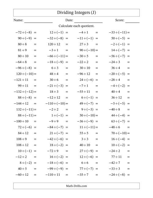 The Dividing Integers -- Mixed Signs (Range -12 to 12) (J) Math Worksheet