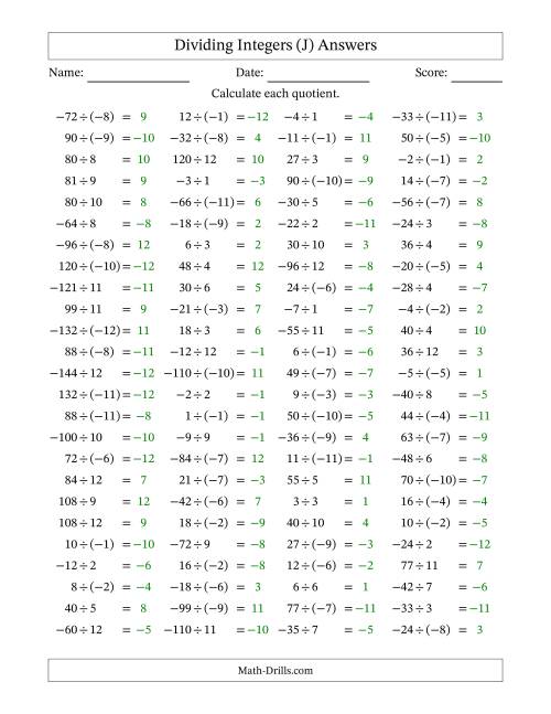 The Dividing Integers -- Mixed Signs (Range -12 to 12) (J) Math Worksheet Page 2