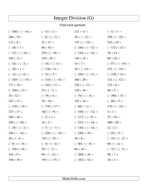 The Dividing Integers -- Mixed Signs (Range -20 to 20) (G) Math Worksheet