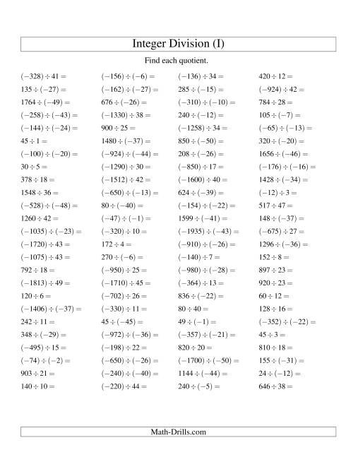 The Dividing Integers -- Mixed Signs (Range -50 to 50) (I) Math Worksheet