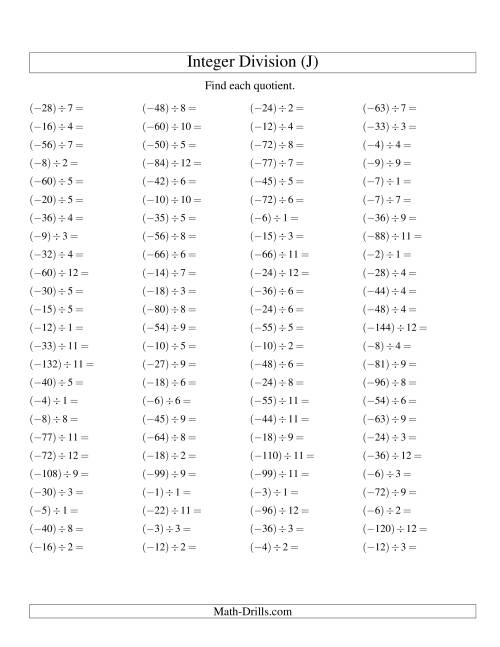 The Dividing Integers -- Negative Divided by a Positive (J) Math Worksheet