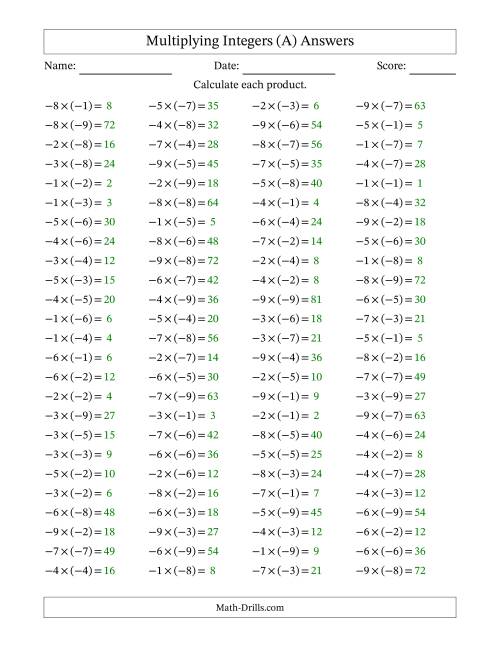 The Multiplying Integers -- Negative Multiplied by a Negative (Range -9 to 9) (A) Math Worksheet Page 2