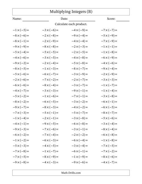 The Multiplying Integers -- Negative Multiplied by a Negative (Range -9 to 9) (B) Math Worksheet