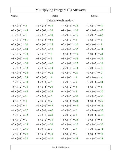The Multiplying Integers -- Negative Multiplied by a Negative (Range -9 to 9) (B) Math Worksheet Page 2