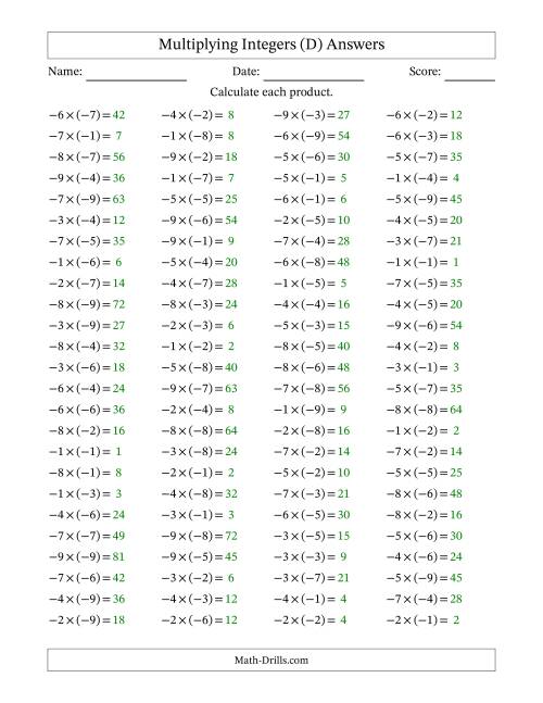 The Multiplying Negative by Negative Integers from -9 to 9 (100 Questions) (D) Math Worksheet Page 2