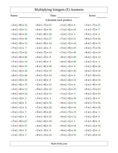 The Multiplying Integers -- Negative Multiplied by a Negative (Range -9 to 9) (E) Math Worksheet Page 2