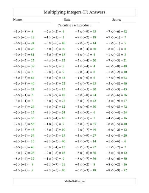 The Multiplying Integers -- Negative Multiplied by a Negative (Range -9 to 9) (F) Math Worksheet Page 2