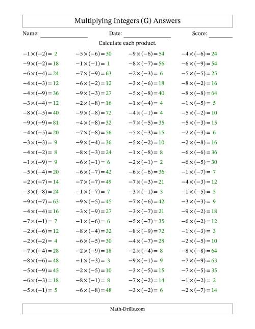 The Multiplying Integers -- Negative Multiplied by a Negative (Range -9 to 9) (G) Math Worksheet Page 2