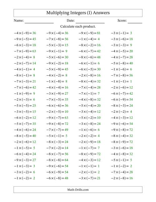The Multiplying Integers -- Negative Multiplied by a Negative (Range -9 to 9) (I) Math Worksheet Page 2