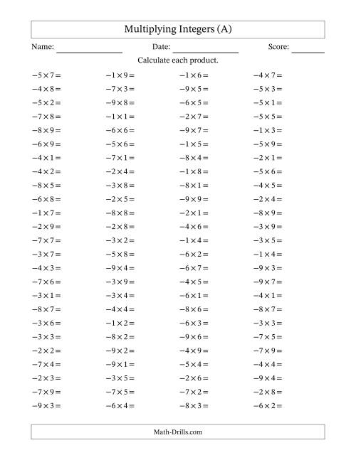 The Multiplying Negative by Positive Integers from -9 to 9 (100 Questions) (A) Math Worksheet